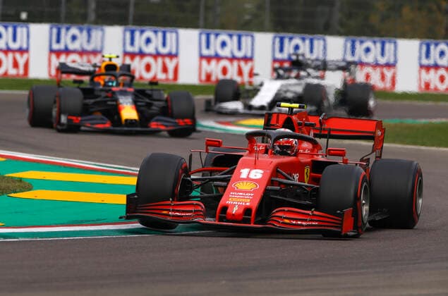 16 LECLERC Charles (mco), Scuderia Ferrari SF1000, action during the Formula 1 Emirates Gran Premio Dell emilia Romagna 2020, Emilia Romagna Grand Prix, from October 31 to November 1, 2020 on the Autodromo Internazionale Enzo e Dino Ferrari, in Imola, Italy FORMULE 1 : Grand prix Emilie Romagne - Imola - Course - 01 11 2020 DPPI Panoramic 