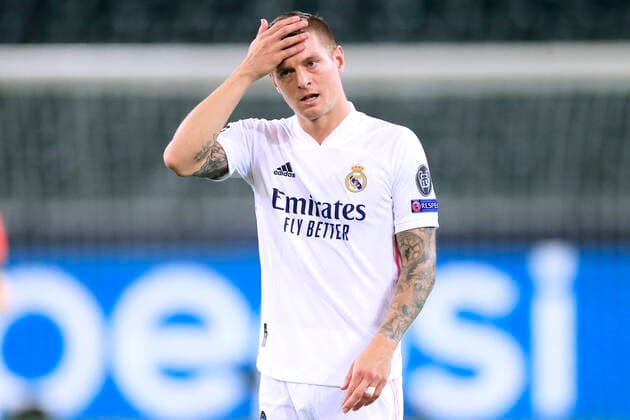 KROOS Toni Team Real Madrid UEFA Champions League Season 2020 2021 Game Borussia Moenchengladbach Real Madrid 2 2 on 27 10 2020 in Moenchengladbach DFL REGULATIONS PROHIBIT ANY USE OF PHOTOGRAPHS as IMAGE SEQUENCES and or QUASI VIDEO