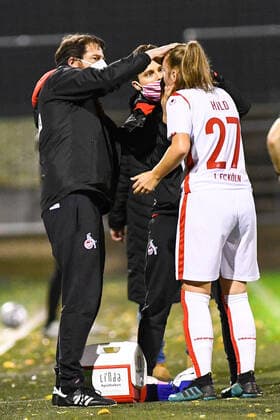 Kristina Hild Cologne, 27 injured, injury, injured, sporting injury, 01 11 2020, Cologne Germany, Football, DFB Pokal Frauen, 2 Round, 1 FC Köln Bayer 04 Leverkusen, DFB DFL REGULATIONS PROHIBIT ANY USE OF PHOTOGRAPHS AS IMAGE SEQUENCES AND OR QUASI VIDEO xmhx