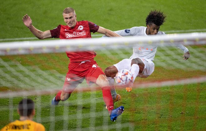 SOCCER - CL, RBS VS Bayern SALZBURG,AUSTRIA,03.NOV.20 - SOCCER - UEFA Champions League, group stage, Red Bull Salzburg VS FC Bayern Muenchen. Image shows Rasmus Kristensen (RBS) and Kingsley Coman (Bayern). GEPAxpictures xHaraldxSteiner