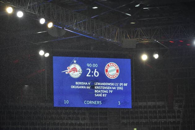 Video wall with final results Scoreboard FC Red Bull Salzburg FC Bayern Muenchen 2 6 Football Champions League,Group A, Group stage,3 Matchday, on 03 11 2020 RED BULL ARENA SALZBURG DFL REGULATIONS PROHIBIT ANY USE OF PHOTOGRAPHS AS IMAGE SEQUENCES AND OR QUASI VIDEO