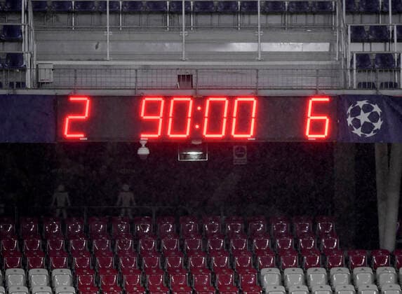 03 11 2020, Football Championsleague 2020 2021, Group stage preliminary round, 3 matchday, RB Salzburg FC Bayern Munich, in the Red Bull Arena Salzburg Final score 2 6 is on the scoreboard after 90 minutes of play DFL and DFB regulations prohibit any use of photographs as image sequences and or quasi video