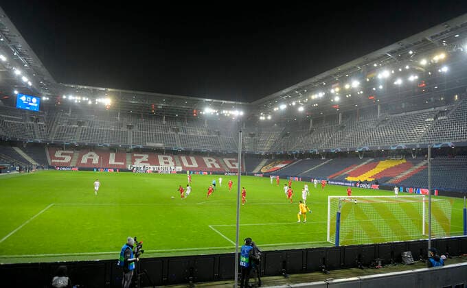 03 11 2020, Football Championsleague 2020 2021, Group stage preliminary round, 3 matchday, RB Salzburg FC Bayern Munich, in the Red Bull Arena Salzburg banner in the empty fan block Pray for Vienna in memory of the victims of the terrorist attack in Vienna DFL and DFB regulations prohibit any use of photographs as image sequences and or quasi video