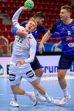 Dusseldorf, Germany 05 November 2020 Men EHF EM 2022 Qualification, Group 2, Germany vs Bosnia Herzegovina Marian Michalczik Germany GWD Minden , Nikola Prce Bosnia Herzegovina , Gafar Hadziomerovic Bosnia Herzegovina Dusseldorf ISS Dome Nordrhein Westfalen Germany