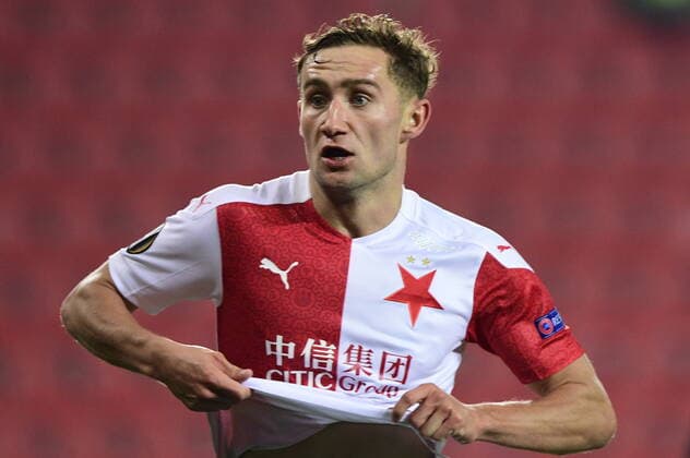 Jan Kuchta of Slavia Praha celebrates a goal during the Football Europa League 3rd round group C match: Slavia Praha vs Nice in Sinobo Stadium, Prague, Czech Republic, November 5, 2020. (CTKxPhoto RomanxVondrous) CTKPhotoP202011051036901  _VND0313