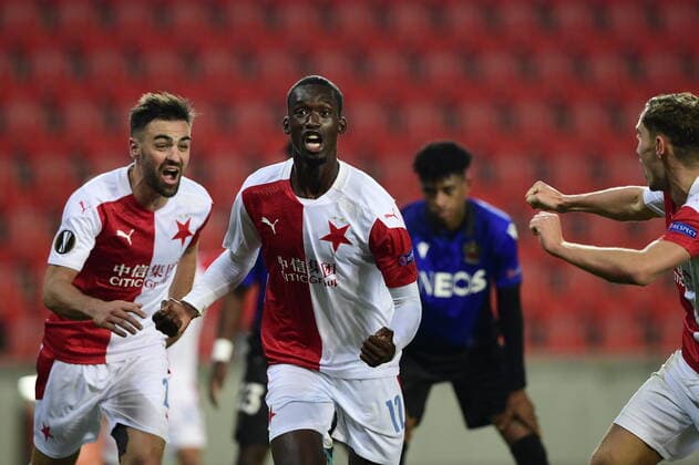 ABDALLAH SIMA (centre) of Slavia Praha celebrates a second goal of Slavia during the Football Europa League 3rd round group C match: Slavia Praha vs Nice in Sinobo Stadium, Prague, Czech Republic, November 5, 2020. (CTKxPhoto RomanxVondrous) CTKPhotoP202011051064701  _VND0449