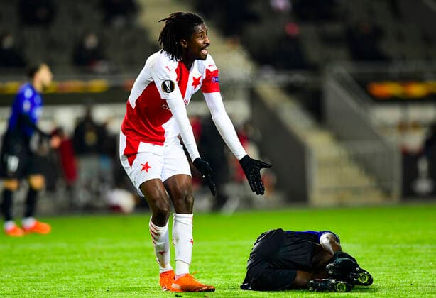 Sport Bilder des Tages PETER OLAYINKA of Slavia Praha in action during the Football Europa League 3rd round group C match: Slavia Praha vs Nice in Sinobo Stadium, Prague, Czech Republic, November 5, 2020. (CTKxPhoto RomanxVondrous) CTKPhotoP202011051094901  vnd