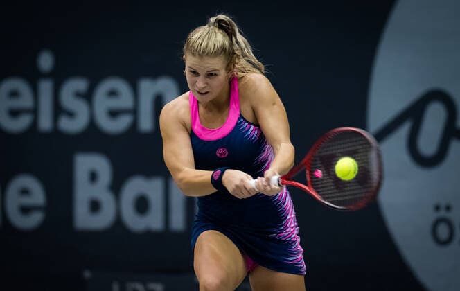 November 7, 2020, Linz, AUSTRIA: Jana Fett of Croatia in action during the first qualifications round at 2020 Upper Austria Ladies Linz WTA, Tennis Damen International tennis tournament against Mayo Hibi of Japan Linz AUSTRIA - ZUMAa181 20201107_zaa_a181_069 Copyright: xRobxPrangex