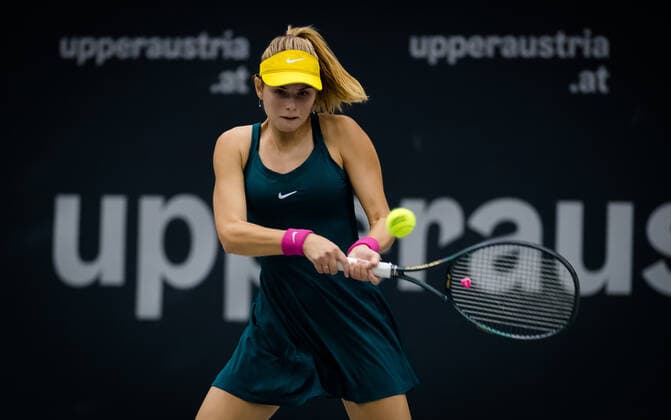November 7, 2020, Linz, AUSTRIA: Katarina Zavatska of Ukraine in action during the first qualifications round at the 2020 Upper Austria Ladies Linz WTA, Tennis Damen International tennis tournament against Ana Konjuh of Croatia Linz AUSTRIA - ZUMAa181 20201107_zaa_a181_099 Copyright: xRobxPrangex