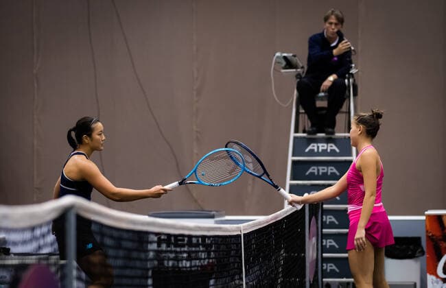 November 7, 2020, Linz, AUSTRIA: Harmony Tan of France & Kamilla Rakhimova of Russia meet at the net during the first qualifications round at the 2020 Upper Austria Ladies Linz WTA, Tennis Damen International tennis tournament Linz AUSTRIA - ZUMAa181 20201107_zaa_a181_118 Copyright: xRobxPrangex