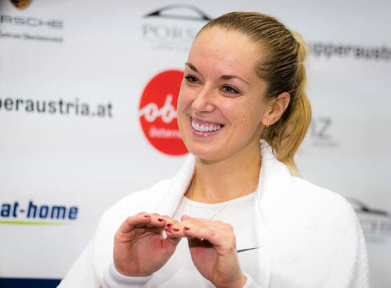 November 7, 2020, Linz, AUSTRIA: Sabine Lisicki of Germany talks to the media after winning the first qualifications round at the 2020 Upper Austria Ladies Linz WTA, Tennis Damen International tennis tournament against Bibiane Schoofs of the Netherlands Linz AUSTRIA - ZUMAa181 20201107_zaa_a181_306 Copyright: xRobxPrangex