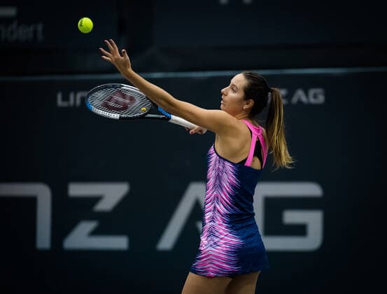 November 8, 2020, Linz, AUSTRIA: Oceane Dodin of France in action during the second qualifications round at the 2020 Upper Austria Ladies Linz WTA, Tennis Damen International tennis tournament against Laura Ionana Paar of Romania Linz AUSTRIA - ZUMAa181 20201108_zaa_a181_015 Copyright: xRobxPrangex