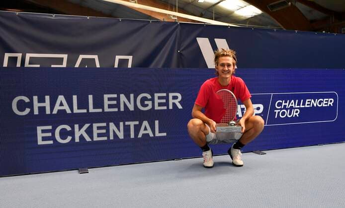 08 11 2020 Tennis ATP Challenger Tour Challenger Eckental Int German Championships Final Individual Ramkumar Ramanathan IND Sebastian Korda USA Sebastian KORDA USA with winners trophy in front of advertising wall with lettering CHALLENGER ECKENTAL ATP ChHALLENGER TOUR