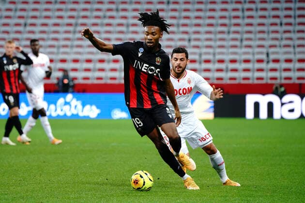 Khephren Thuram (OGC Nice) - Kevin Volland (AS Monaco) FOOTBALL : OGC Nice vs AS Monaco - Ligue 1 Ubereats - Nice - 08 11 2020 NorbertScanella PanoramiC 