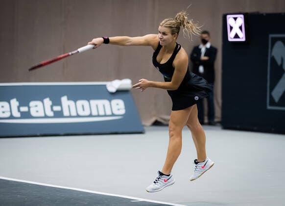 November 8, 2020, Linz, AUSTRIA: Jana Fett of Croatia in action during the second qualifications round at the 2020 Upper Austria Ladies Linz WTA, Tennis Damen International tennis tournament against Irina Bara of Romania Linz AUSTRIA - ZUMAa181 20201108_zaa_a181_155 Copyright: xRobxPrangex