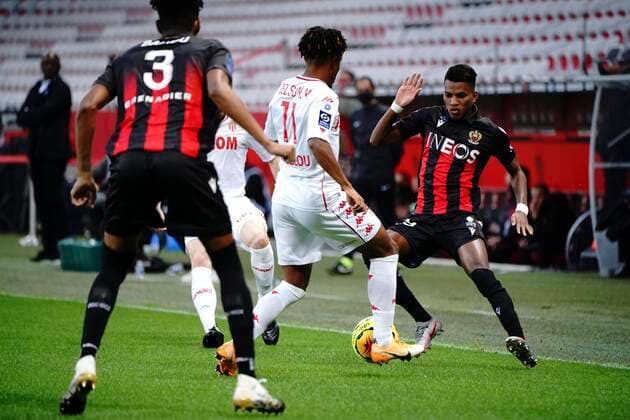 Hicham Boudaoui (OGC Nice) - Gelson Martins (AS Monaco) FOOTBALL : OGC Nice vs AS Monaco - Ligue 1 Ubereats - Nice - 08 11 2020 NorbertScanella PanoramiC 