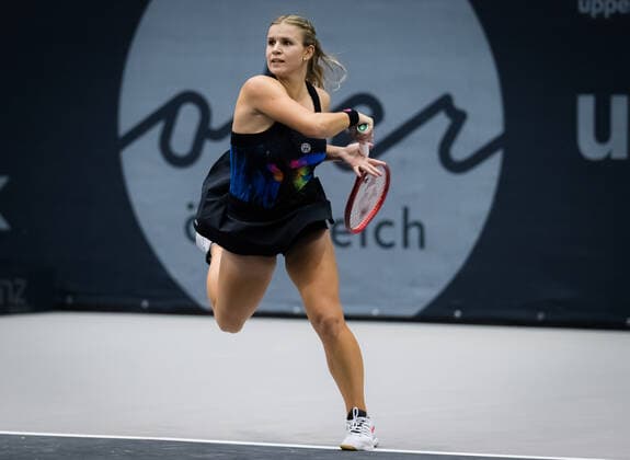 November 8, 2020, Linz, AUSTRIA: Jana Fett of Croatia in action during the second qualifications round at the 2020 Upper Austria Ladies Linz WTA, Tennis Damen International tennis tournament against Irina Bara of Romania Linz AUSTRIA - ZUMAa181 20201108_zaa_a181_200 Copyright: xRobxPrangex