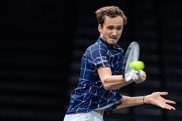 (201109) -- PARIS, Nov. 9, 2020 -- Daniil Medvedev of Russia returns the ball during the men s singles final of ATP, Tennis Herren World Tour Paris Masters against Alexander Zverev of Germany in Paris, France, Nov. 8, 2020. (Photo by Xinhua) (SP)FRANCE-PARIS-TENNIS-ROLEX PARIS MASTERS AurelienxMorissard 