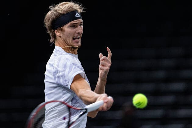 (201109) -- PARIS, Nov. 9, 2020 -- Alexander Zverev of Germany returns the ball during the men s singles final of ATP, Tennis Herren World Tour Paris Masters against Daniil Medvedev of Russia in Paris, France, Nov. 8, 2020. (Photo by Xinhua) (SP)FRANCE-PARIS-TENNIS-ROLEX PARIS MASTERS AurelienxMorissard 