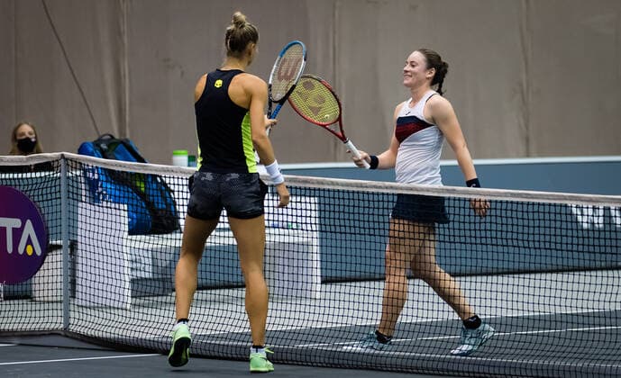 November 10, 2020, Linz, AUSTRIA: Arantxa Rus of the Netherlands & Tamara Zidansek of Slovenia in action during the first round at the 2020 Upper Austria Ladies Linz WTA, Tennis Damen International tennis tournament Linz AUSTRIA - ZUMAa181 20201110_zaa_a181_082 Copyright: xRobxPrangex