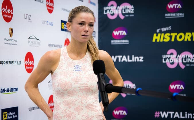 November 10, 2020, Linz, AUSTRIA: Camila Giorgi of Italy talks to the media after the first round at the 2020 Upper Austria Ladies Linz WTA, Tennis Damen International tennis tournament against Sara Sorribes Tormo of Spain Linz AUSTRIA - ZUMAa181 20201110_zaa_a181_124 Copyright: xRobxPrangex