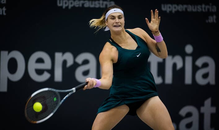 November 10, 2020, Linz, AUSTRIA: Aryna Sabalenka of Belarus in action during the first round at the 2020 Upper Austria Ladies Linz WTA, Tennis Damen International tennis tournament against Jasmine Paolini of Italy Linz AUSTRIA - ZUMAa181 20201110_zaa_a181_225 Copyright: xRobxPrangex