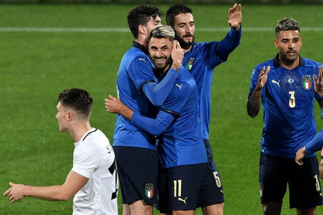 Vincenzo Grifo of Italy (R) celebrates with Alessandro Bastoni and Roberto Gagliardini after scoring the goal of 1-0 during the friendly football match between Italy and Estonia at Artemio Franchi Stadium in Firenze (Italy), November, 11th 2020. Photo Andrea Staccioli Insidefoto andreaxstaccioli