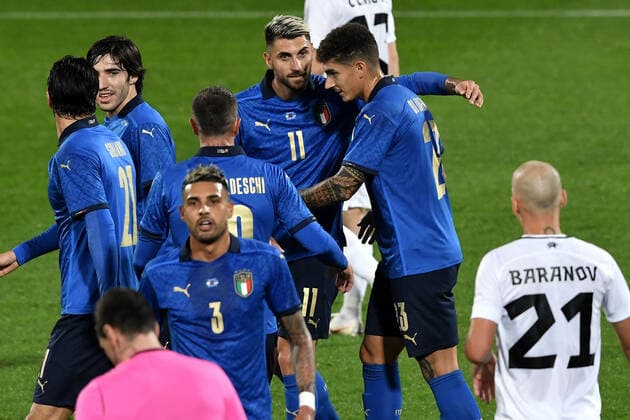 Vincenzo Grifo of Italy (R) celebrates with Giovanni Di Lorenzo and Federico Bernardeschi after scoring the goal of 1-0 during the friendly football match between Italy and Estonia at Artemio Franchi Stadium in Firenze (Italy), November, 11th 2020. Photo Andrea Staccioli Insidefoto andreaxstaccioli