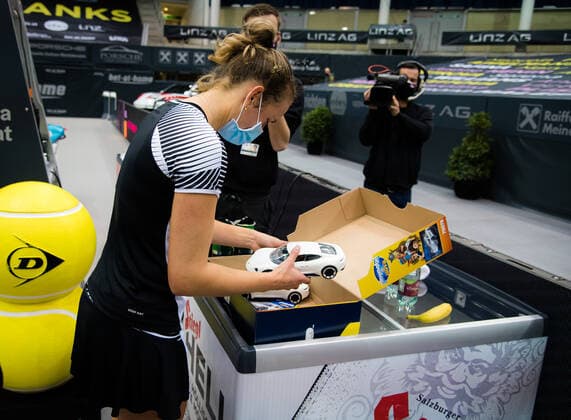 November 11, 2020, Linz, AUSTRIA: Elise Mertens of Belgium plays with a toy Porsche after winning her first-round match at the 2020 Upper Austria Ladies Linz WTA, Tennis Damen International tennis tournament Linz AUSTRIA - ZUMAa181 20201111_zaa_a181_219 Copyright: xRobxPrangex