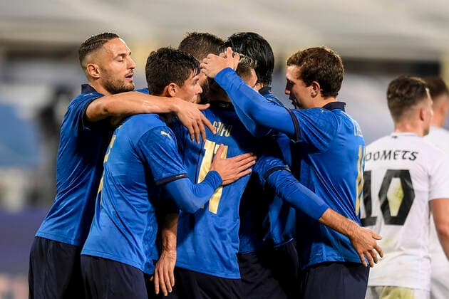 Photo LaPresse - Fabio Ferrari November 11, 2020 Firenze, Italy soccer Italy vs Estonia - Friendly match - & x2018;Artemio Franchi Stadium. In the pic:Vincenzo Grifo (Italy) celebrates after scoaring goal on penalty 3-0  Copyright: xFabioxFerrari LaPressex