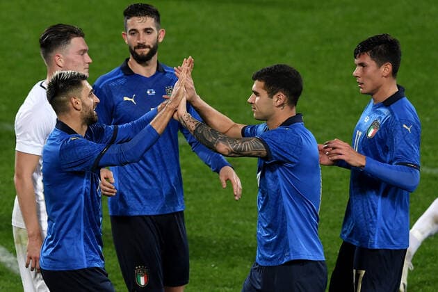 Vincenzo Grifo of Italy celebrates with team mates after scoring the goal of 3-0 during the friendly football match between Italy and Estonia at Artemio Franchi Stadium in Firenze (Italy), November, 11th 2020. Photo Andrea Staccioli Insidefoto andreaxstaccioli