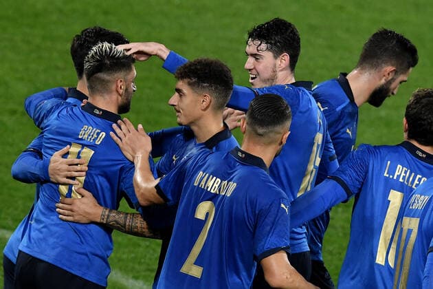 Vincenzo Grifo of Italy celebrates with team mates after scoring the goal of 3-0 during the friendly football match between Italy and Estonia at Artemio Franchi Stadium in Firenze (Italy), November, 11th 2020. Photo Andrea Staccioli Insidefoto andreaxstaccioli