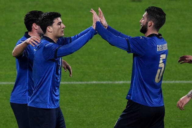 Riccardo Orsolini of Italy celebrates with Roberto Gagliardini after scoring the goal of 4-0 during the friendly football match between Italy and Estonia at Artemio Franchi Stadium in Firenze (Italy), November, 11th 2020. Photo Andrea Staccioli Insidefoto andreaxstaccioli