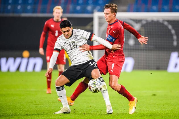 (201112) -- LEIPZIG, Nov. 12, 2020 -- Nadiem Amiri (front L) of Germany controls the ball under the defense from Borek Dockal of the Czech Republic during a friendly football match in Leipzig, Germany, Nov. 11, 2020. (Photo by Xinhua) (SP)GERMANY-LEIPZIG-FOOTBALL-FRIENDLY-GERMANY VS CZECH REPUBLIC KevinxVoigt 