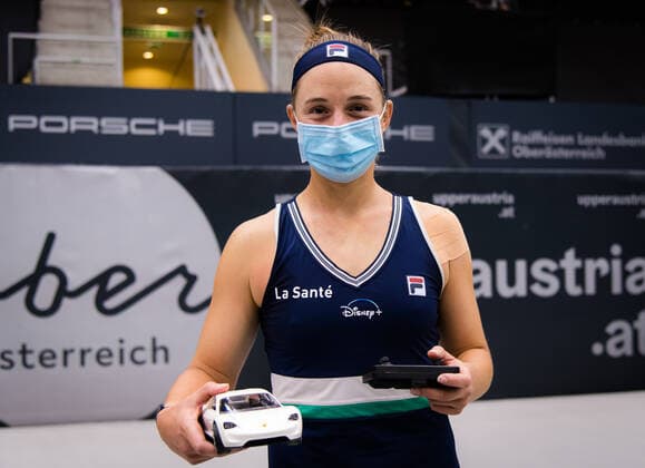 November 12, 2020, Linz, AUSTRIA: Nadia Podoroska of Argentina plays with a Porsche Taycan RC car after winning the second round at the 2020 Upper Austria Ladies Linz WTA, Tennis Damen International tennis tournament Linz AUSTRIA - ZUMAa181 20201112_zaa_a181_075 Copyright: xRobxPrangex