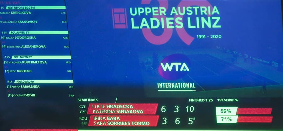 TENNIS - WTA, Tennis Damen Upper Austria Ladies Linz LINZ,AUSTRIA,13.NOV.20 - TENNIS - WTA Tour, Upper Austria Ladies Linz. Image shows the scoreboard. GEPAxpictures xManfredxBinder