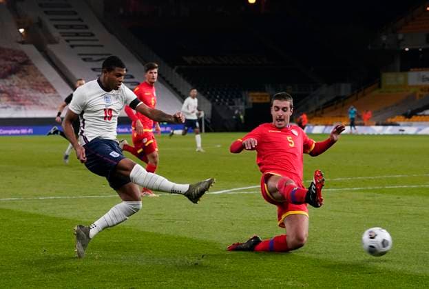 Rhian Brewster of England hits the post with a shot past Miguel Del Castillo of Andorra during the UEFA EURO, EM, Europameisterschaft,Fussball U21, U 21 Qualifying match at Molineux, Wolverhampton. Picture date: 13th November 2020. Picture credit should read: Andrew Yates Sportimage EDITORIAL USE ONLY. No use with unauthorised audio, video, data, fixture lists, club league logos or live services. Online in-match use limited to 120 images, no video emulation. No use in betting, games or single club league player publications. SPI-0753-0022