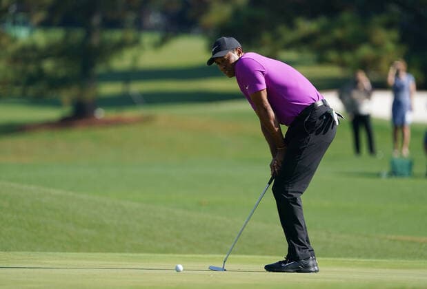 Tiger Woods misses a birdie putt on the second hole during the third round of the 2020 Masters golf tournament at Augusta National Golf Club in Augusta, Georgia on Saturday, November 14, 2020.  AUG20201114304 KEVINxDIETSCH