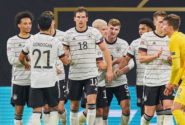 Timo WERNER, DFB 9 scores, shoots goal for , Tor, Treffer, 2-1, celebrates his goal, happy, laugh, celebration, Philipp MAX, DFB 13 Leroy SANE, DFB 19 Serge GNABRY, DFB 20 Leon GORETZKA, DFB 18 in the match GERMANY - UKRAINE UEFA Nations League, German Football Nationalteam, DFB , Season 2020 2021 in Leipzig, Germany, November 14, 2020
