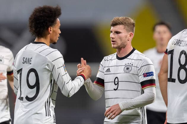 Football Brunswick 14 11 2020 International Mens International Mens DFB UEFA Nations League Germany GER Ukraine UKR Jubilation after the goal for the 1 1 by Leroy Sane Germany, No 19 Timo Werner Germany, No 09