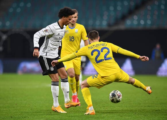 Football, Men, Season 2020 21, Nations League Liga A, Group 4, 5 Matchday in Leipzig, Germany Ukraine, from Leroy Sane Germany, Mykola Matvienko Ukraine, 14 11 2020, Copyright: xMatthiasxKochx