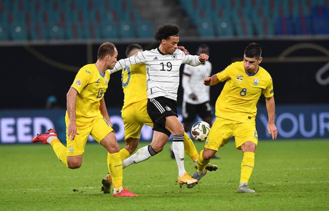 Football, men, season 2020 21, Nations League Liga A, Group 4, 5 Matchday in Leipzig, Germany Ukraine, v l Yevgen Makarenko Ukraine , Junior Moraes Ukraine , Leroy Sane Germany , Ruslan Malinovskyi Ukraine , 14 11 2020, Copyright: xMatthiasxKochx