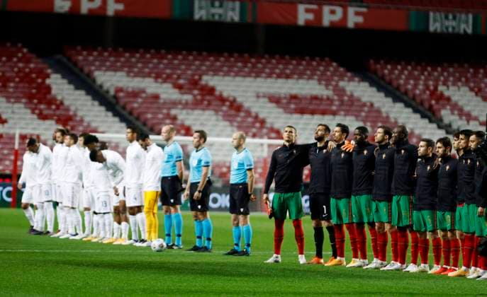 14th November 2020, The Est& xe1;dio da Luz, Lisbon, Portugal; Nations League International football, Portugal versus France; Players of Portugal and France stand for their anthem  ActionPlus12247160 DiogoxPinto