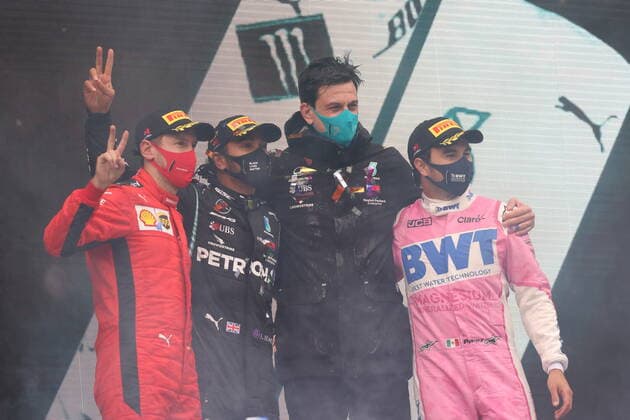 Motorsports FIA Formula One World Championship 2020, Grand Prix of Turkey, 5 Sebastian Vettel GER, Scuderia Ferrari Mission Winnow , 44 Lewis Hamilton GBR, Mercedes AMG Petronas Formula One Team , Toto Wolff AUT, Mercedes AMG Petronas Motorsport , 11 Sergio Perez MEX, BWT Racing Point F1 Team , Istanbul Turkey