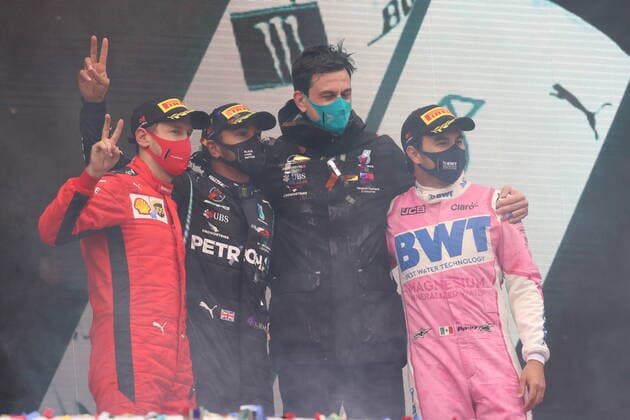Motorsports FIA Formula One World Championship 2020, Grand Prix of Turkey, 5 Sebastian Vettel GER, Scuderia Ferrari Mission Winnow , 44 Lewis Hamilton GBR, Mercedes AMG Petronas Formula One Team , Toto Wolff AUT, Mercedes AMG Petronas Motorsport , 11 Sergio Perez MEX, BWT Racing Point F1 Team , Istanbul Turkey