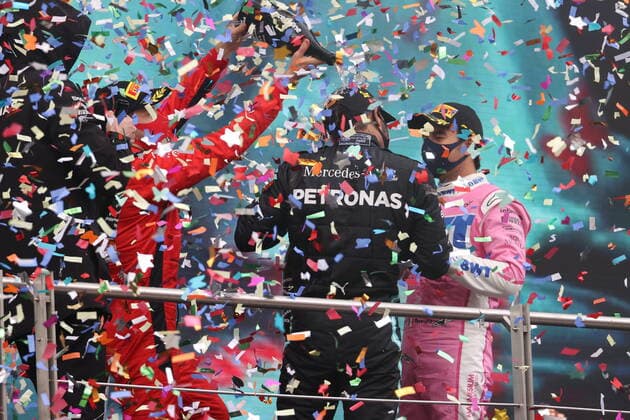 Motorsports FIA Formula One World Championship 2020, Grand Prix of Turkey, Toto Wolff AUT, Mercedes AMG Petronas Motorsport , 5 Sebastian Vettel GER, Scuderia Ferrari Mission Winnow , 44 Lewis Hamilton GBR, Mercedes AMG Petronas Formula One Team , 11 Sergio Perez MEX, BWT Racing Point F1 Team , Istanbul Turkey