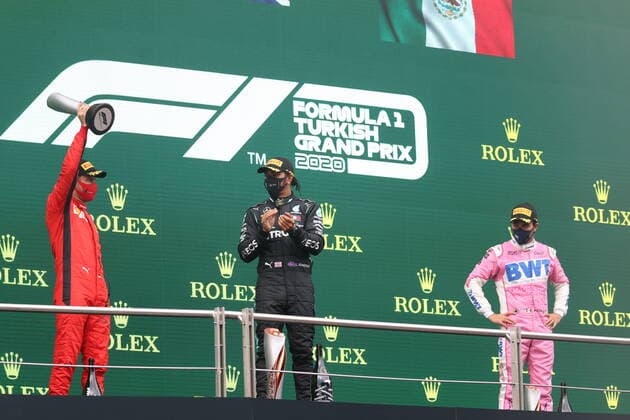 Motorsports FIA Formula One World Championship 2020, Grand Prix of Turkey, 5 Sebastian Vettel GER, Scuderia Ferrari Mission Winnow , 44 Lewis Hamilton GBR, Mercedes AMG Petronas Formula One Team , 11 Sergio Perez MEX, BWT Racing Point F1 Team , Istanbul Turkey