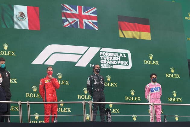 Motorsports FIA Formula One World Championship 2020, Grand Prix of Turkey, Toto Wolff AUT, Mercedes AMG Petronas Motorsport , 5 Sebastian Vettel GER, Scuderia Ferrari Mission Winnow , 44 Lewis Hamilton GBR, Mercedes AMG Petronas Formula One Team , 18 Lance Stroll CAN, BWT Racing Point F1 Team , Istanbul Turkey