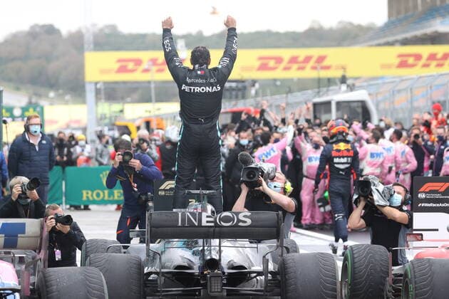 Motorsports FIA Formula One World Championship 2020, Grand Prix of Turkey, 44 Lewis Hamilton GBR, Mercedes AMG Petronas Formula One Team celebrates winning the F1 World Drivers Championship 2020 Istanbul Turkey