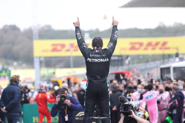Motorsports FIA Formula One World Championship 2020, Grand Prix of Turkey, 44 Lewis Hamilton GBR, Mercedes AMG Petronas Formula One Team celebrates winning the F1 World Drivers Championship 2020 Istanbul Turkey